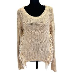 R D Style Fringe Knit Sweater Beige Boho Chunky Crewneck